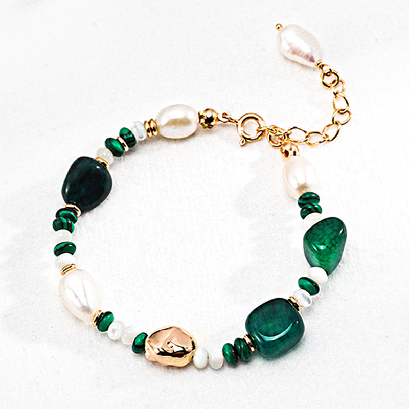 S925 silver bracelet featuring baroque pearls, malachite chips, mother-of-pearl beads, and green-patterned agate stones.