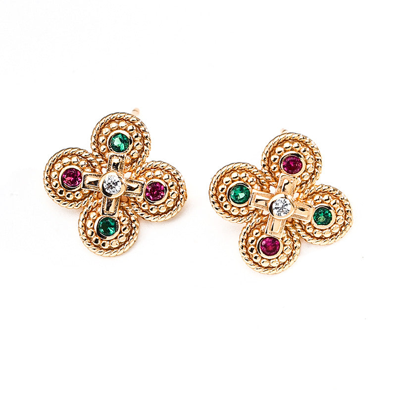Gold-tone floral-shaped stud earrings set with green, red, and white zircon stones, blending retro style with vibrant sophistication.