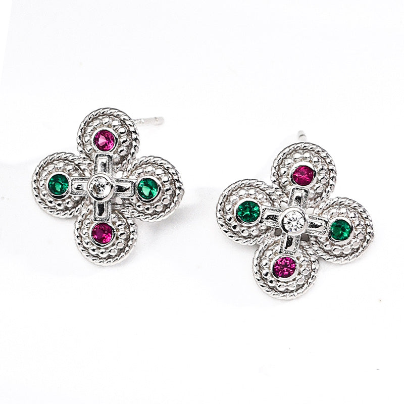 S925 silver floral earrings featuring green and red zircon stones and ornate textured detailing, evoking a nostalgic and refined aesthetic.