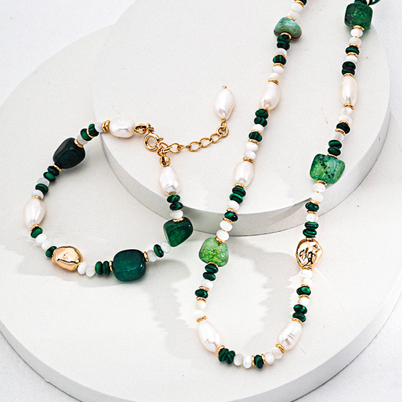 Matching bracelet and necklace set made of S925 silver, baroque pearls, malachite, and variegated green agate.