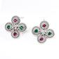 S925 silver floral earrings featuring green and red zircon stones and ornate textured detailing, evoking a nostalgic and refined aesthetic.