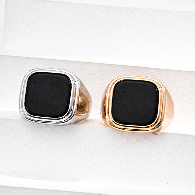 Classic square-cut black onyx rings in S925 silver, shown in gold and silver finishes — understated power for your everyday rituals.